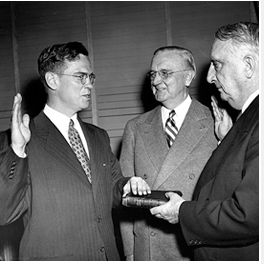 A key moment in Federal Reserve History was the swearing into office as Fed Chairman (by a Supreme Court Justice) of William McChesney Martin. In the middle is pictured Thomas McCabe, whom Martin replaced after a term of less than three years!
